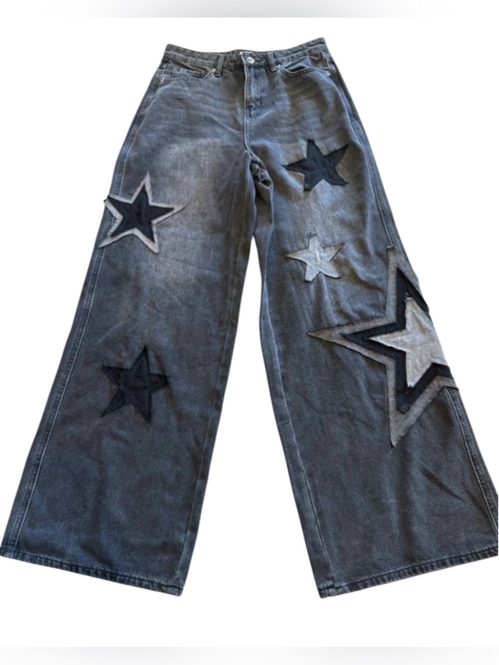 Hot Topic Black Washed Wide-Leg Jeans with Star Appliqués size 5